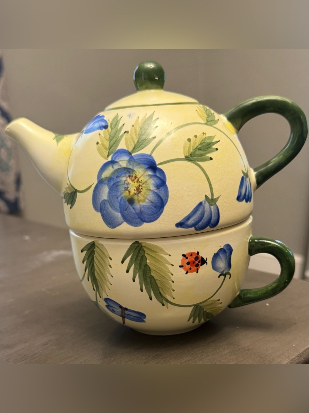 Hand-Painted Blue Floral Ceramic Teapot and Cup Set